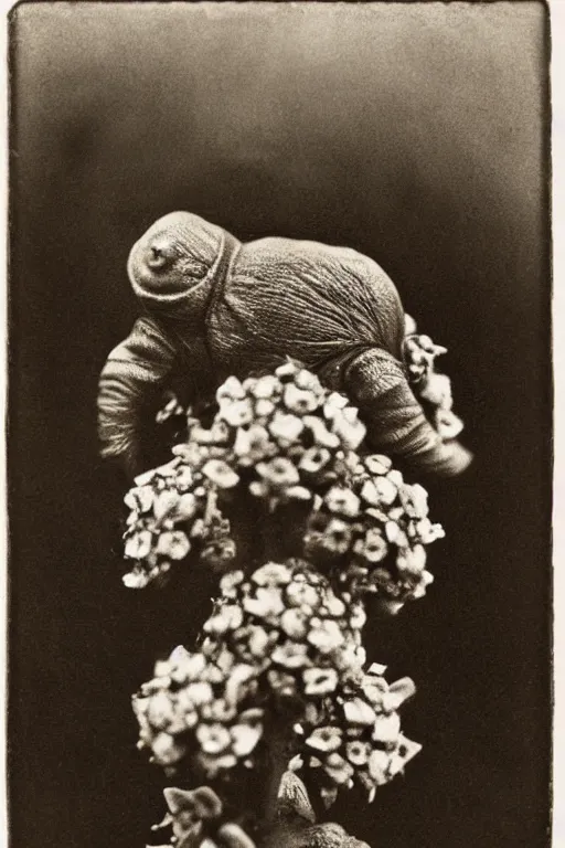 Prompt: tardigrade!!! daguerreotype portrait photograph. lots of flowers around the tardigrade. ansel adams. highly detailed. old timey.