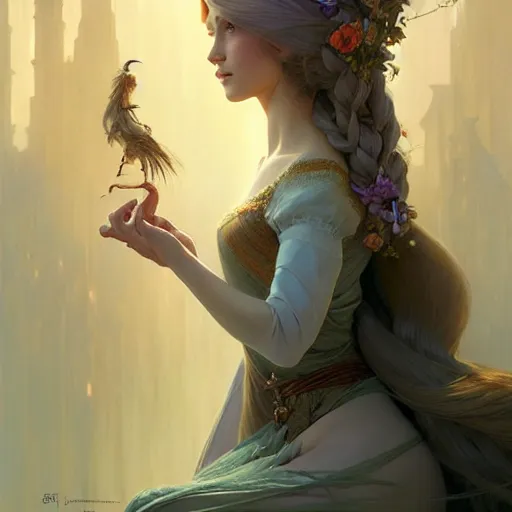 Image similar to Rapunzel, fantasy, intricate, elegant, highly detailed, digital painting, artstation, concept art, matte, sharp focus, illustration, art by Artgerm and Greg Rutkowski and Alphonse Mucha