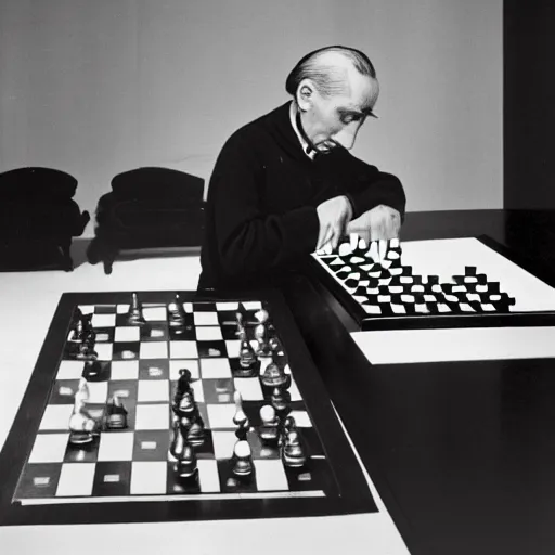 Image similar to a long exposure shot of Marcel Duchamp working on a chess readymade object, archival pigment print