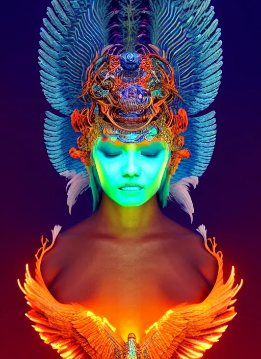 Image similar to 3 d goddess portrait, 8 k micro details global illumiantion beautiful intricate highly detailed quetzalcoatl skull and feathers. bioluminescent, plasma, fire, snow, water, wind, creature, thunderstorm! artwork by tooth wu and wlop and beeple and greg rutkowski, trending on artstation,