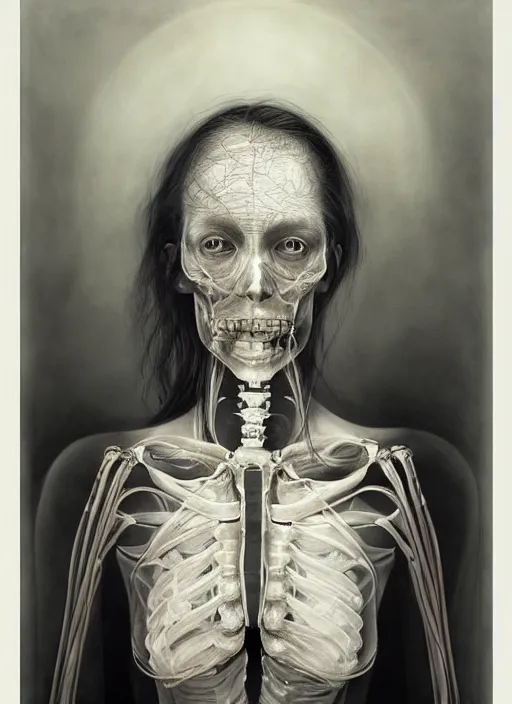 Image similar to masterpiece, woman, x-ray, bones and veins, deep black skin, marco mazzoni, zdzislaw beksinksi