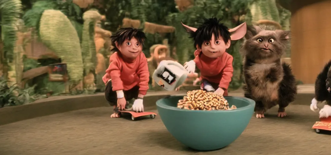 Image similar to mogwai gizmo and rufio skateboarding inside a cereal bowl, movie still, 8 k, hd, from the new honey i shrunk the kids movie