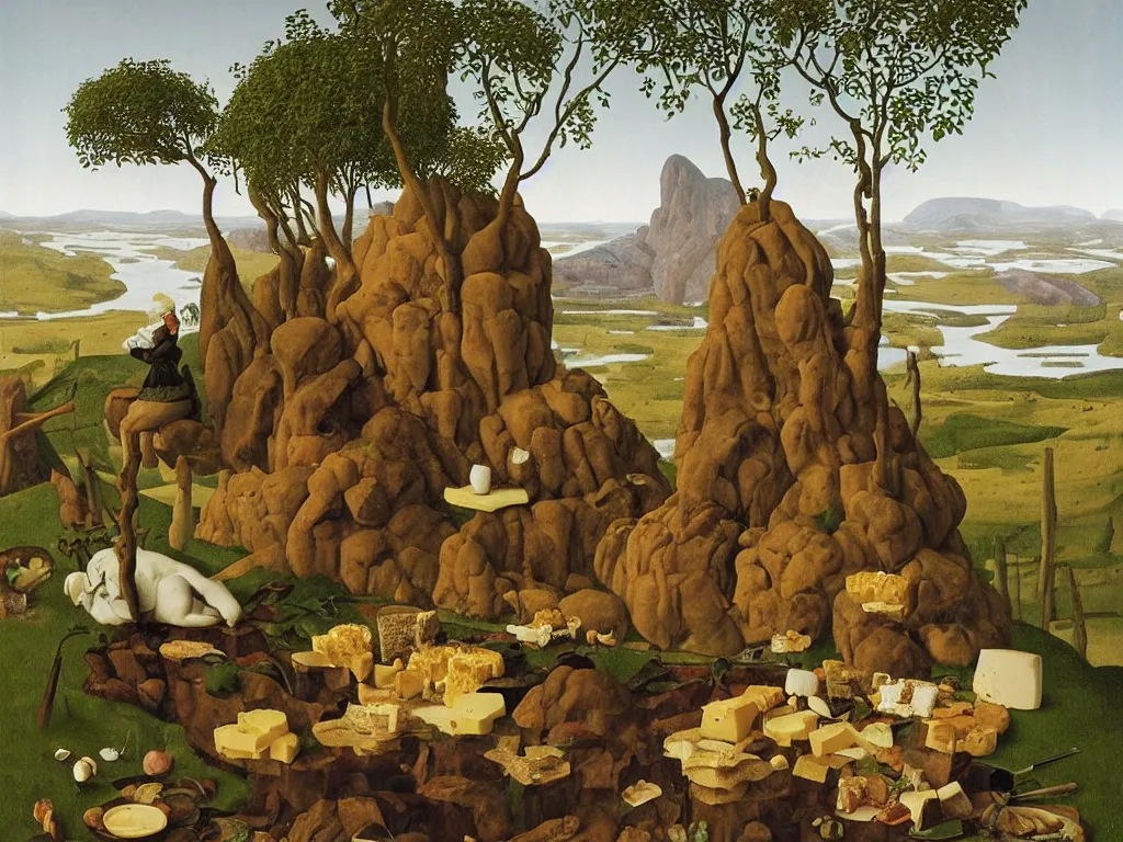 Prompt: Portrait of a hungry man in the land of lakes made from honey, rivers of milk, meadows of butter, rocks of bread, mountains of cheese, onion trees. Painting by Jan van Eyck, Georges de la Tour, Walton Ford, Rene Magritte, Jean Delville, Max Ernst, Maria Sybilla Merian