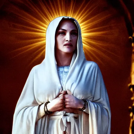 Image similar to stunning awe inspiring madonna as the female jesus christ, movie still 8 k hdr atmospheric lighting