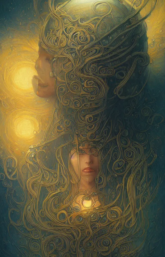 Image similar to a highly detailed beautiful portrait of a robot in the style of jean delville and in the style of peter mohrbacher. glowing rune of magical power.