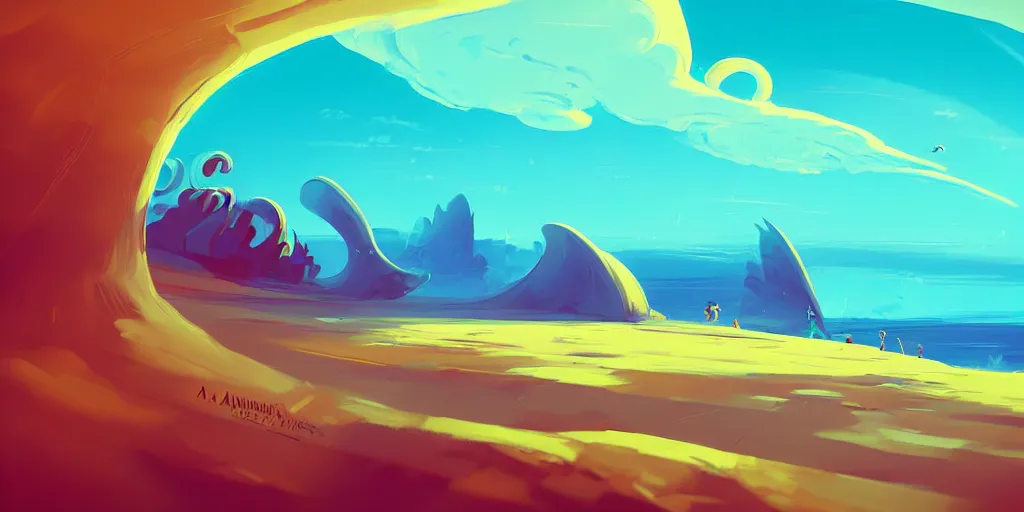 Image similar to curved perspective digital art of a beach with curvy clouds near a high cliff by anton fadeev from nightmare before christmas