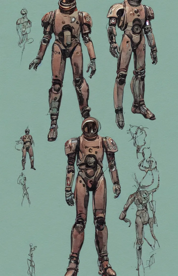 Image similar to male, full body, modern space suit, very stylized character design, large shoulders, short torso, long thin legs, tiny feet, science fiction, hyperdetailed, technical suit, space marine, watercolor digital painting, by mike mignola, by alex maleev, jean giraud, painted by leyendecker