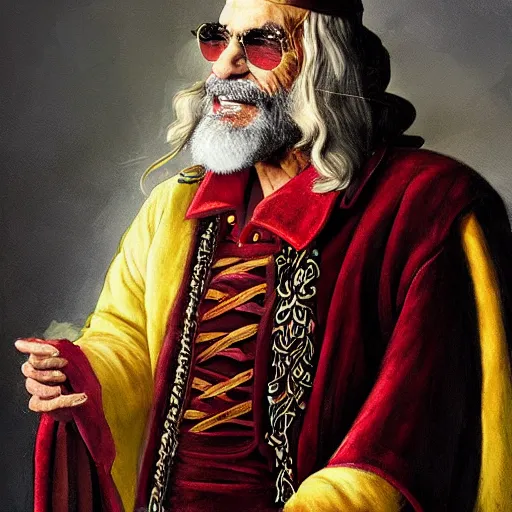 Prompt: stoner King Tommy Chong wears a doublet whilst wearing a red velvet cape and OG Kush Indica cannabis crown alexanre benois edward julius detmold jehan choo jeff simpson raphael lacoste guillem h. pongiluppi grisaille