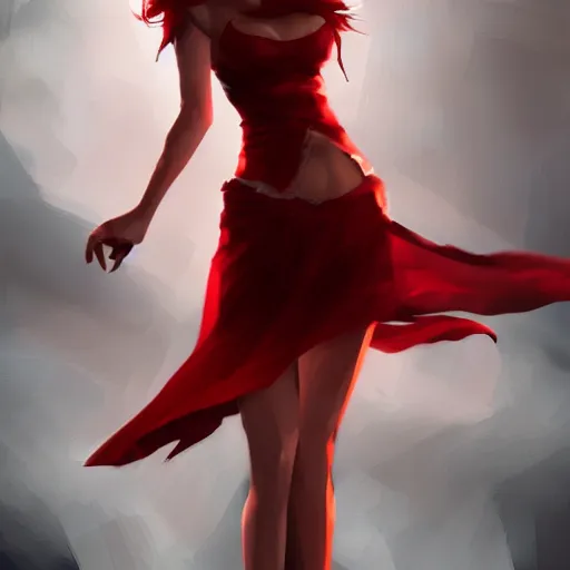 Prompt: a girl wearing a red dress, she is holding a skull head, anime art, HD, ambient lighting, artstation, smooth