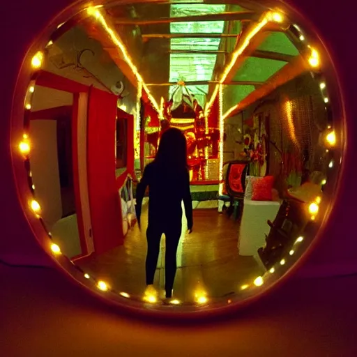 Image similar to looking inside at a fun house mirror, illuminated by florescent lights, dramatic, spooky, lighting fall off, infinite reflections