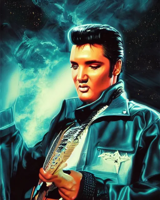 Prompt: a powerful energy elvis presley, by alexander fedosav, hyper detailed digital matte painting, concept art, hyperrealism, 1 6 k resolution, cinema 4 d, 8 k resolution, trending on artstation, behance hd, a masterpiece, by stephan martiniere, particles, cel - shaded, power bright neon energy, by david a. hardy,