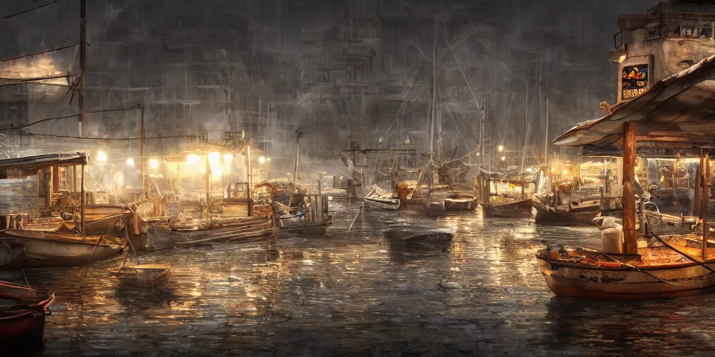 Image similar to seafood market, superwide angle, light through the mist, dramatic lighting, photorealistic, cinematic lighting, high detail, cinematic feel, high octane, 4K, Unreal Engine, digital render, intricate, ultra realistic