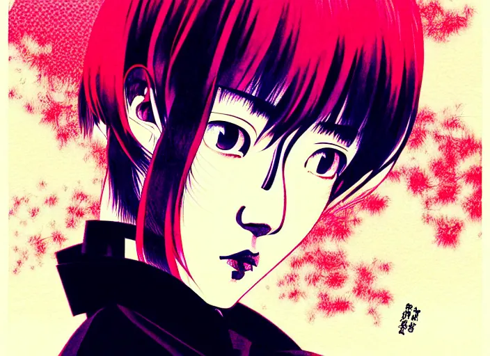 Prompt: editorial illustration colorful, anime portrait of shiina ringo, katsuhiro otomo, manga, ilya kuvshinov, fine texture, realistic shading, fine details, matte colors, film noir, dramatic lighting, dynamic composition, mucha, moody, vivid, volumetric, stippled lighting