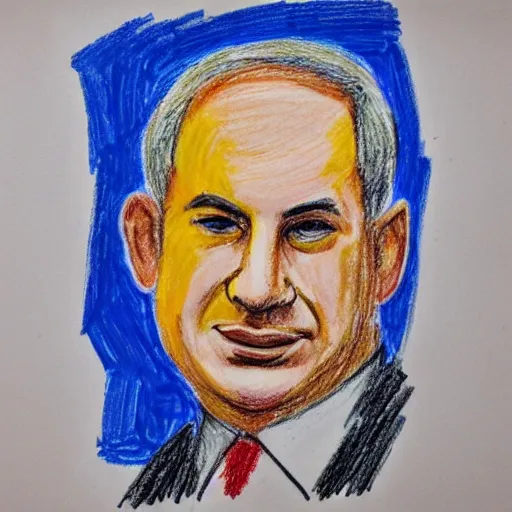 Image similar to portrait of benjamin netanyahu, drawn by a child, in oil pastel colors