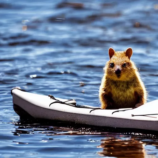 Image similar to a quokka paddling a kayak on a lake