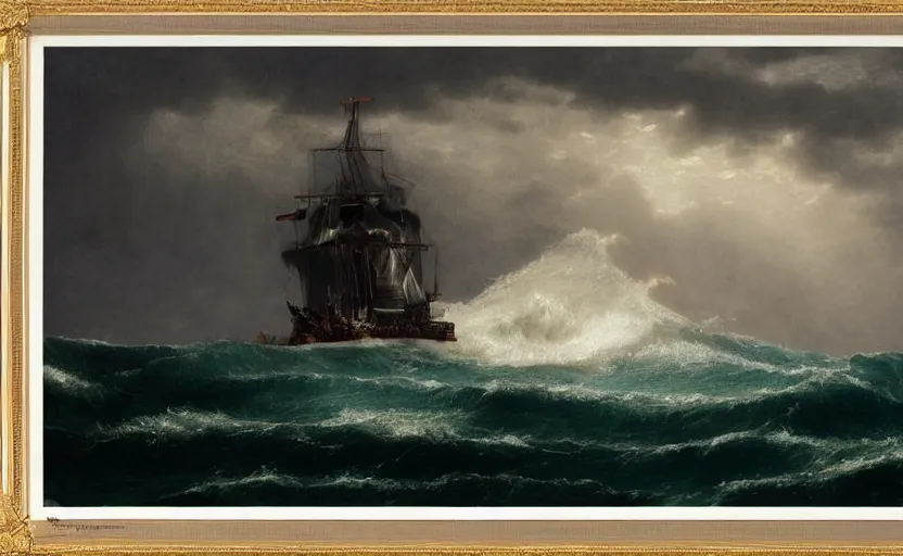 Prompt: middle of the ocean, large waves, large 1800s boat, no land, dark skies, close up shot, at dusk, 4k, rule of thirds, extreme detail, hazy, intricate ink illustration, surreal, surrealist, trending on artstation, cgsociety, hd, complimentary colours, realistic lighting, by Albert Bierstadt, Frederic Edwin Church.