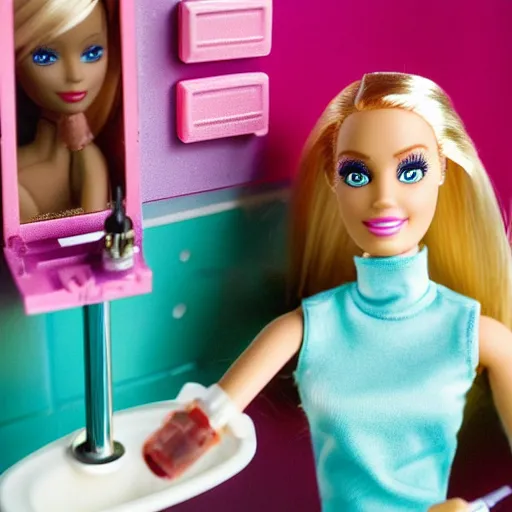 Prompt: barbie doing heroin with a syringe, toilet