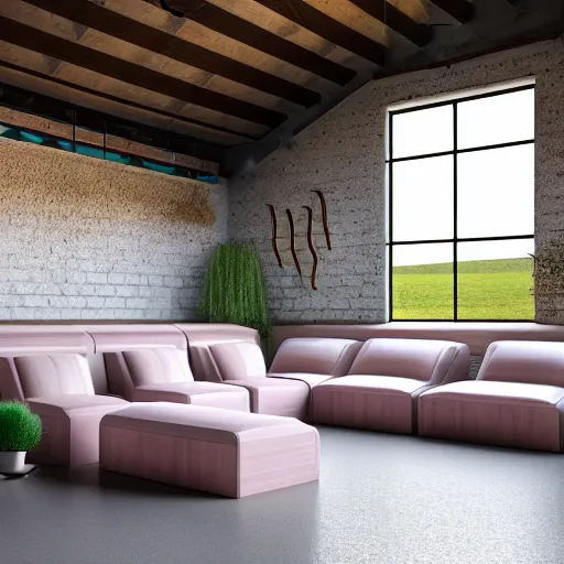 Image similar to interior view of modern futuristic farm barn architecture and interior design showing cows laying down on sofas and pigs and chickens sitting in lounge chairs, wall art, throw pillows, areas rugs, feed troughs, hay, detailed luminescent oil painting 4 k