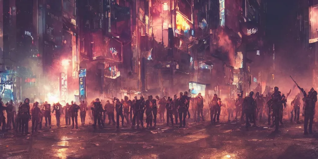 Prompt: very long shot, riot in a cyberpunk city, police use special equipment against the crowd on a square, high detail art, evening, police sirens in smoke, dark environment