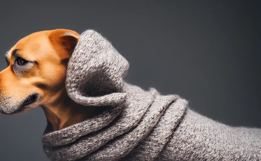 Prompt: studio photography of a dog wearing a woolen sweater, detailed face, cinematic lighting, 8 k