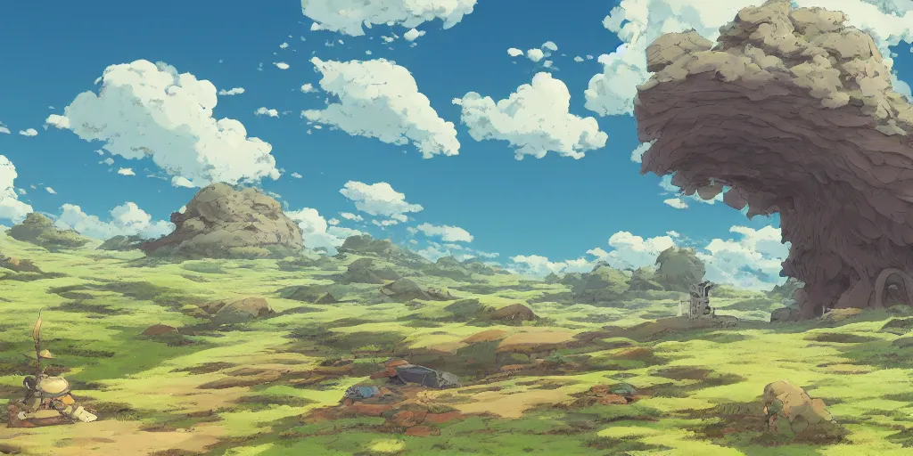 Image similar to landscape, no people, Ghibli, Anime Background, Miyazaki Hayao, concept art, illustration,smooth, sharp focus, intricate, super wide angle, trending on artstation, trending on deviantart, 4K