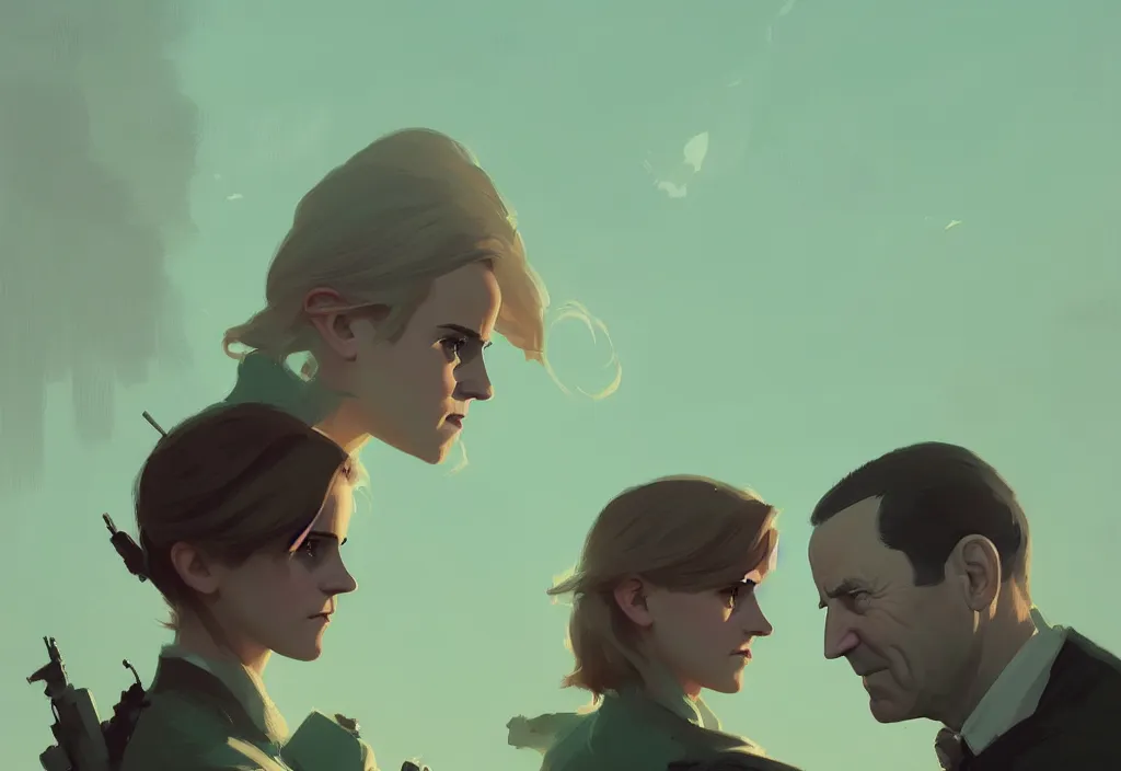 Image similar to portrait of joe biden and emma watson, fantasy, by atey ghailan, by greg rutkowski, by greg tocchini, by james gilleard, by joe gb fenton, dynamic lighting, gradient light green, brown, blonde cream, salad and white colors in scheme, grunge aesthetic