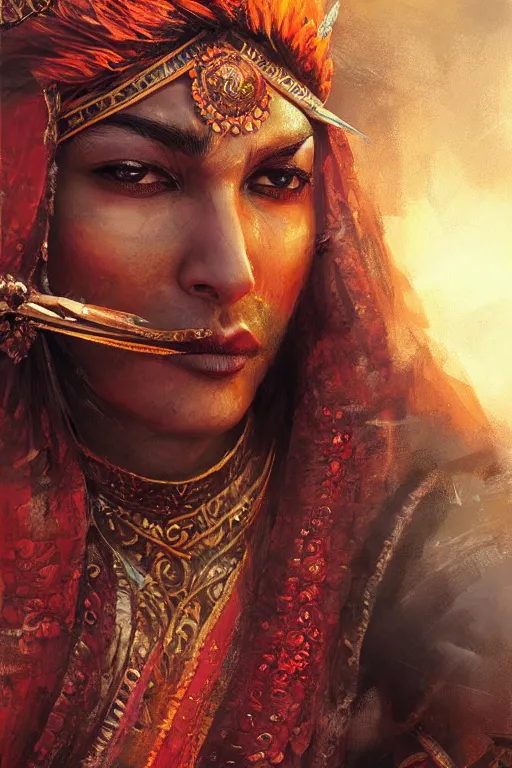 Image similar to hindu warrior, close - up portrait, fierce, intricate, elegant, volumetric lighting, scenery, digital painting, highly detailed, artstation, sharp focus, illustration, concept art, ruan jia, steve mccurry