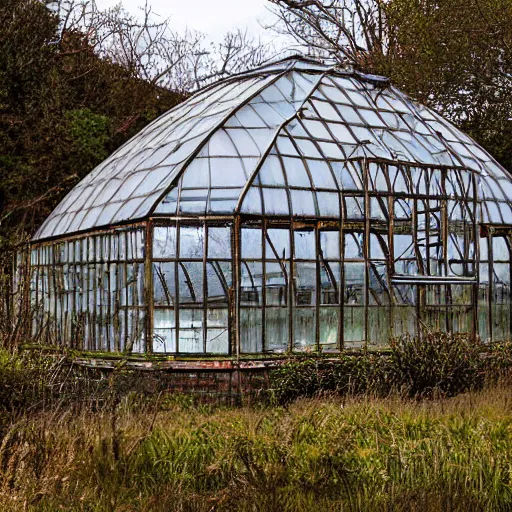 Prompt: Abandoned Victorian greenhouse in the style of James Gurney