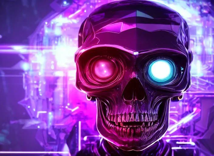 Image similar to a futuristic skull with glowing eyes and a purple background, cyberpunk art by android jones, behance contest winner, computer art, darksynth vaporwave, rendered in cinema 4 d