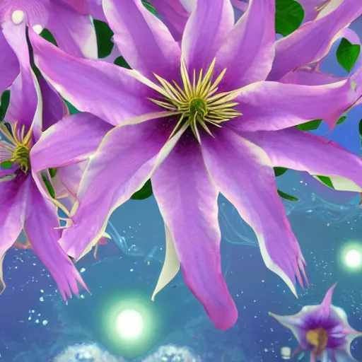 Image similar to clematis theme logo, clematis theme banner, clematis design, clematis in the deep sea, clematis like stars in the sky, trending on artstation, warm light, lovely and cute, fantasy art, 8 k resolution