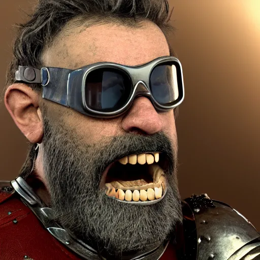 Prompt: highly detailed octane render of a close up portrait of an ugly man with a beard wearing goggles and armour and screaming in a cave