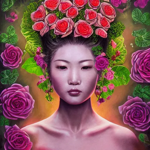 Image similar to the anatomy of a head of lettuce with roses that resemble a beautiful asian woman, an ultrafine detailed painting by james jean, intricate linework, bright colors, final fantasy, behance contest winner, vanitas, angular, altermodern, unreal engine 5 highly rendered, global illumination, radiant light, detailed and intricate environment