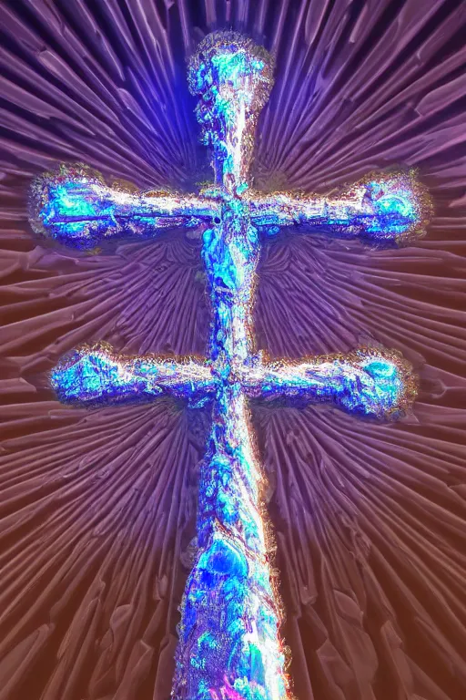 Image similar to a crystalline 3 d mandelbulb fractal in the shape of a christian cross, bioluminescent opal, fractal, magnificent lighting, ethereal, ray tracing, octane, holographic