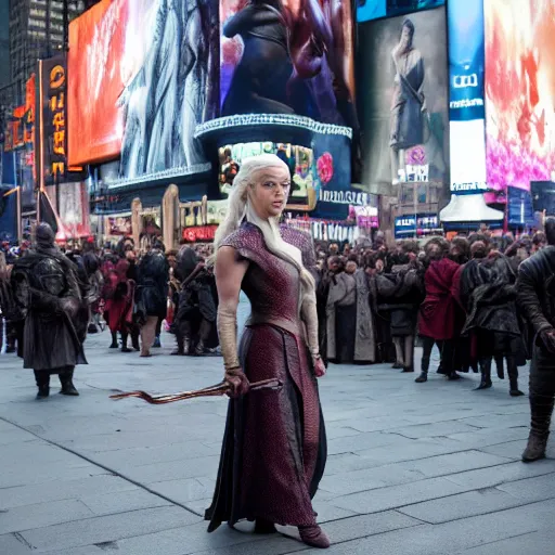 Image similar to game of thrones Daenerys on dragon in the middle of new york time square