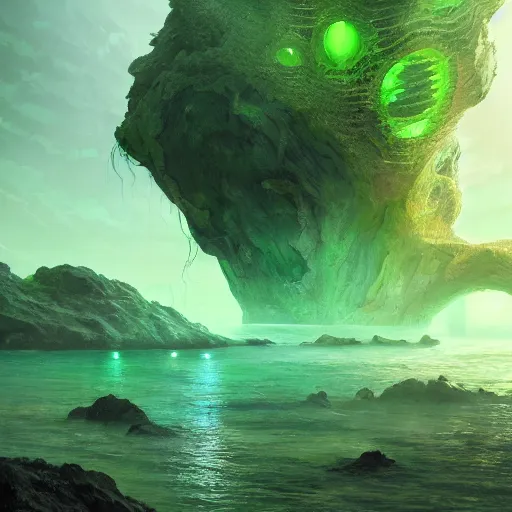 Prompt: a scary glowing green scifi portal to another world in darwin's arch, ocean and rock landscape, science fiction, intricate, elegant, highly detailed, digital painting, artstation, concept art, matte, sharp focus, illustration, art by hayao miyazaki and hideo kojima