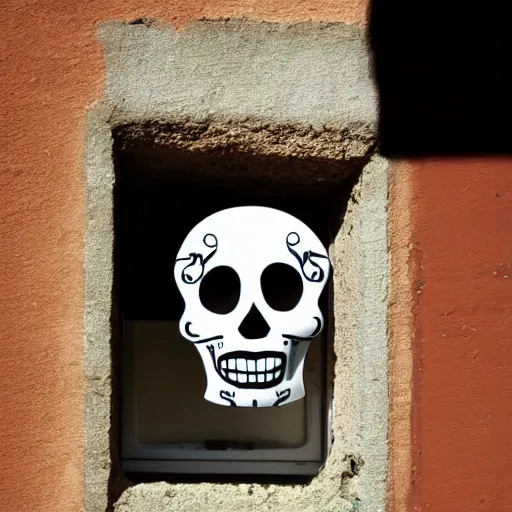 Image similar to photograph of a Dia de Los Muertos style skull on a windowsill, with the sun beaming in. The camera is below the skull, looking up to it