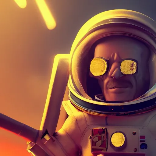 Image similar to astronaut game character in viking quest, game art, splash art, movie still, cinematic lighting, 2d game, octane render, long lens, shallow depth of field, bokeh, anamorphic lens flare, 8k, hyper detailed, 35mm film grain