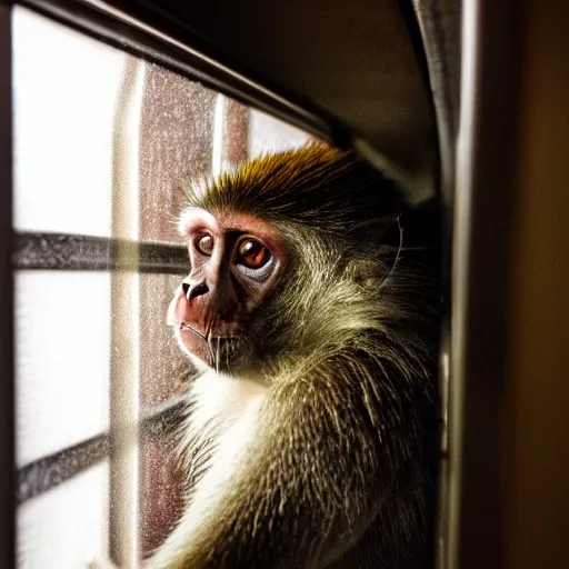 Image similar to capuchin monkey sleeping in train compartment room, rainy window, night time, night, midnight, 3 0 mm photo