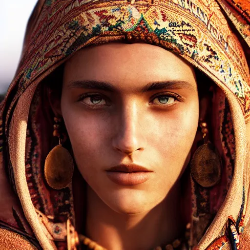 Image similar to portrait of a stunningly beautiful middle eastern tribal female, depth of field, zeiss lens, detailed, symmetrical, centered, fashion photoshoot, by Annie Leibovitz and Steve McCurry, David Lazar, Jimmy Nelsson, Breathtaking, 8k resolution, extremely detailed, beautiful, establishing shot, artistic, hyperrealistic, beautiful face, octane render