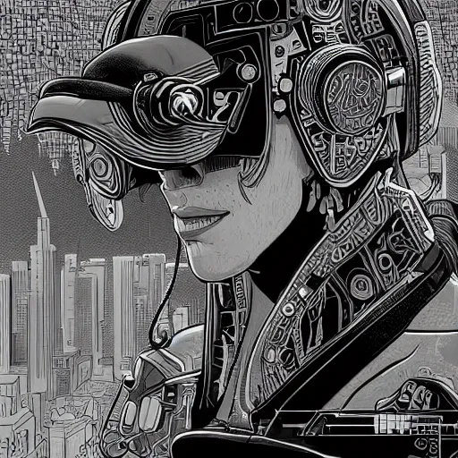 Image similar to detailed black and white illustration in the style of josan gonzalez of a close up of a suave young explorer wearing a cyberpunk headpiece, highly detailed, intricate details, 8k wallpaper