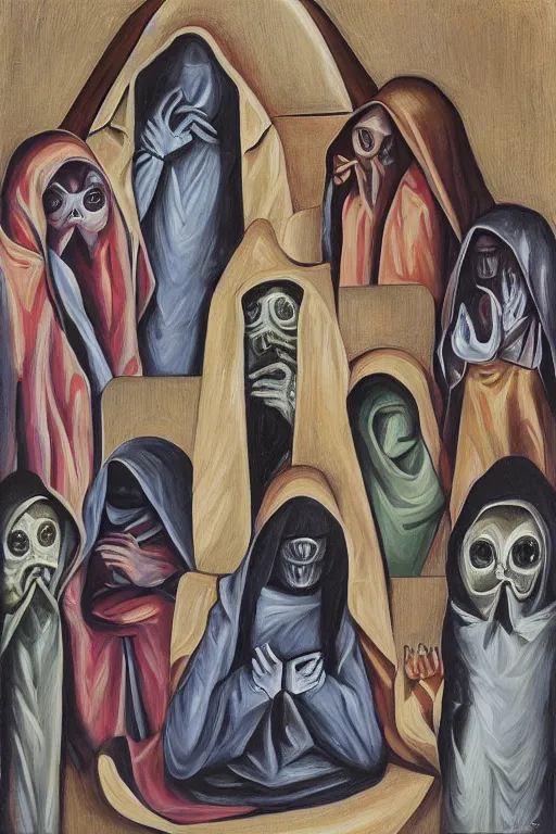 Image similar to hooded disciples in masks praying to an electric eye monument in a brutalist courtyard, lowbrow surrealism, oil on canvas