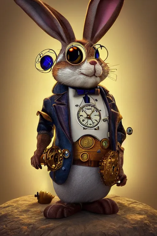 Prompt: ultra realist soft painting of a single steampunk Pixar rabbit , very intricate details, golden ratio, volumetric rainbow lighting, reflections, refractions, symmetry accurate anatomy features, fantasy background, unreal render