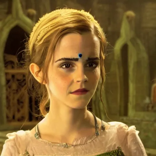 Prompt: A still of Emma Watson in Shrek movie