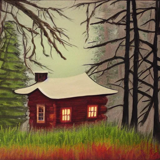 Prompt: a painting of a eerie cabin in the middle of the woods in the style of a kindergarten finger painting