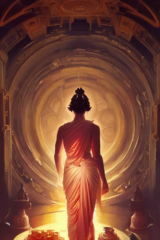 Prompt: space, temple, buddhism, taoism, painting by greg rutkowski, j. c. leyendecker, artgerm