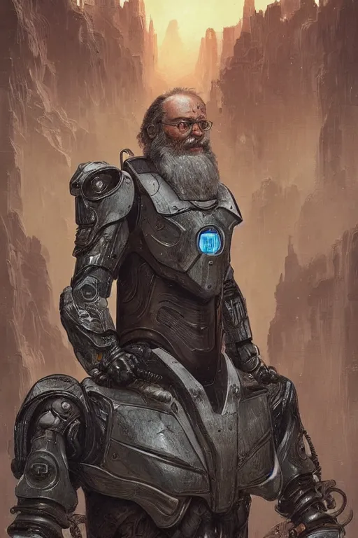 Image similar to Portrait of Peter Kropotkin with a long beard wearing futuristic power armor, sci-fi, intricate, highly detailed, digital painting, trending on artstation, sharp focus, illustration, style of Stanley Artgerm and Greg Rutkowski and Dan Mumford