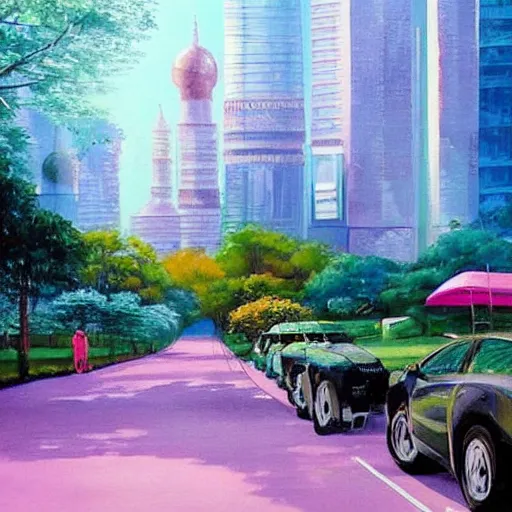 Prompt: Beautiful city of the distant future in harmony with nature. Nice colour scheme, soft warm colour. Beautiful painting by Lurid. (2022)