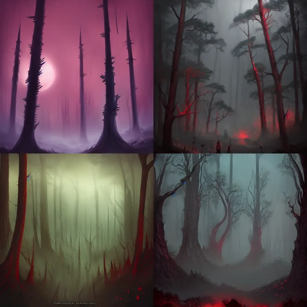 Prompt: a strange dark forest world, the sky is a faint misty red hue, D&D fantasy style, trending on Artstation