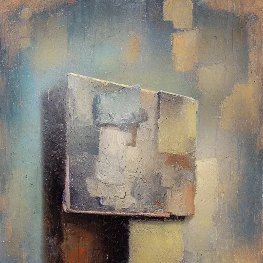 Image similar to an impasto melancholic painting by shaun tan of an abstract forgotten sculpture by the caretaker and ivan seal