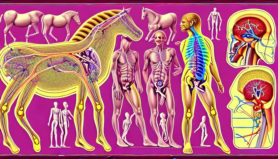 Image similar to psychedelic anatomically accurate labeled medical diagram of centaur, intricate parts, fine details, hyper realistic, elegant minimalism, by seichen, surreal